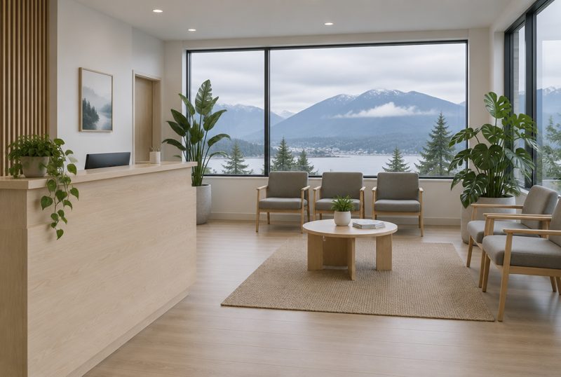 The bright Kestrel clinic waiting area with a view of the North Shore mountains