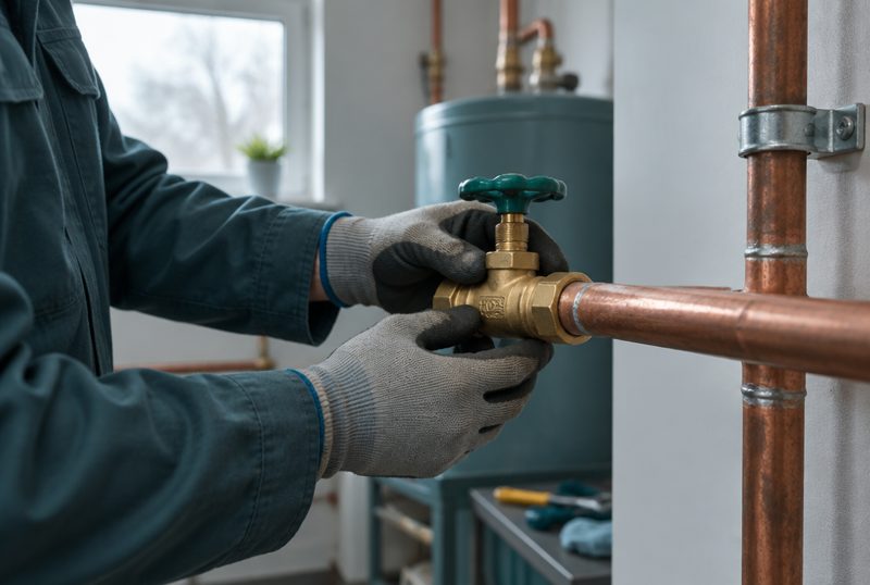 Gloved hands fitting a new brass shut-off valve on a copper line