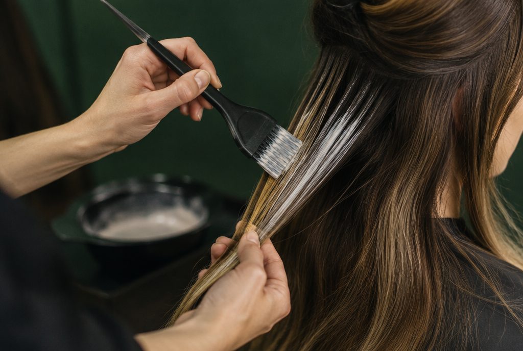 A stylist painting balayage colour onto long brown hair