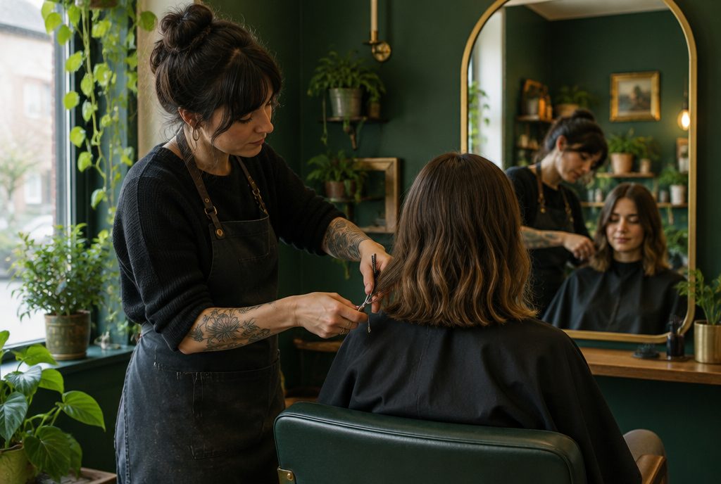 A Tallis stylist cutting a client's hair in the green salon