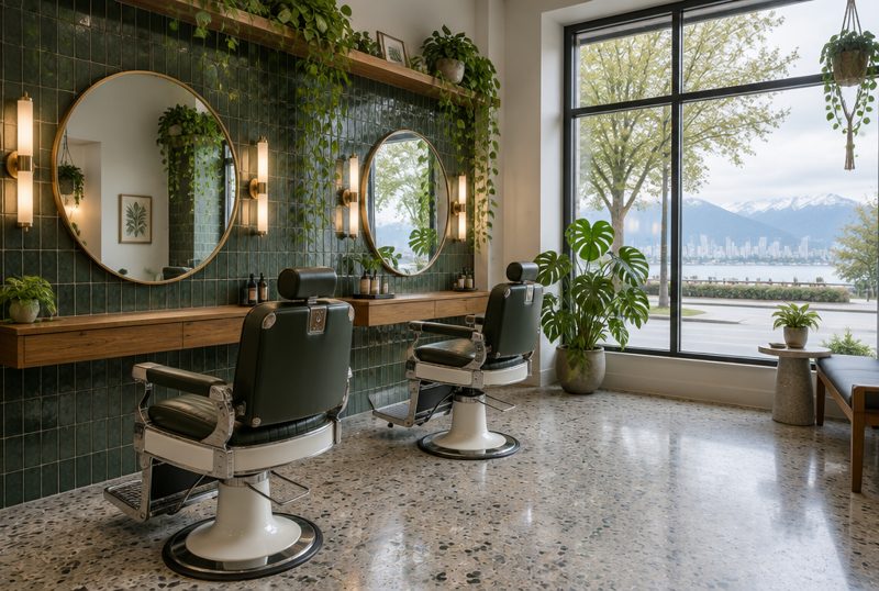 The Tallis salon in the morning, two chairs and round mirrors on green tile